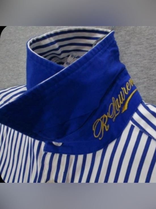 Ralph Lauren Tops - Ralph Lauren White & Navy Striped Dress Tailored Shirt with Crest Sz8